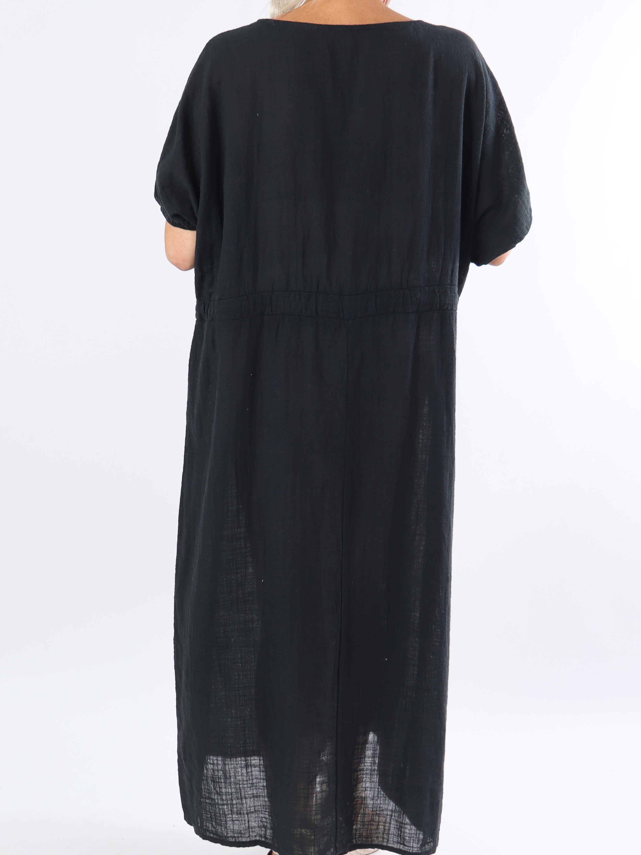 Agnete - Lang plus size kjole i bomuld med bindebånd